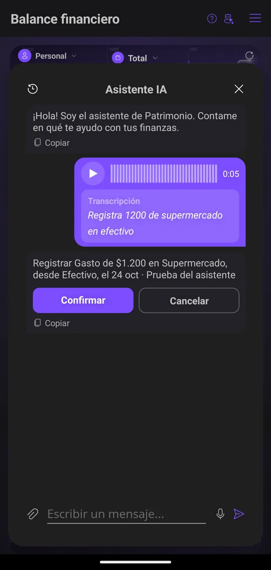 Asistente de Patrimonio con una nota de voz transcripta